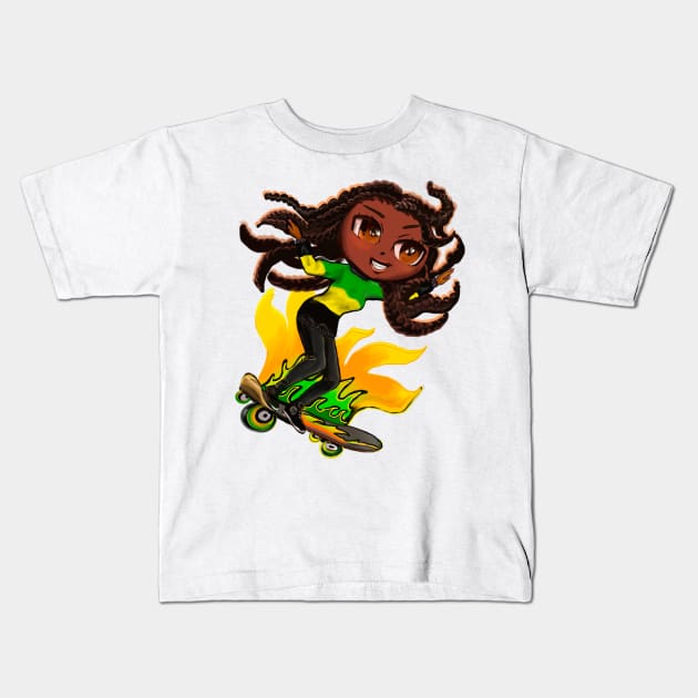 Jamaica jumper women skateboarding girl manga anime girl Jamaican girl on skateboard wearing jumper with colours of Jamaican flag black green and yellow women Kids T-Shirt by Artonmytee